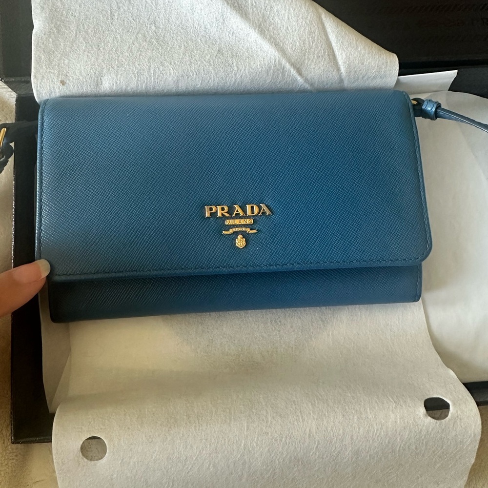 Prada Saffiano Metal Leather Wallet on chain Cobalto-1M1437